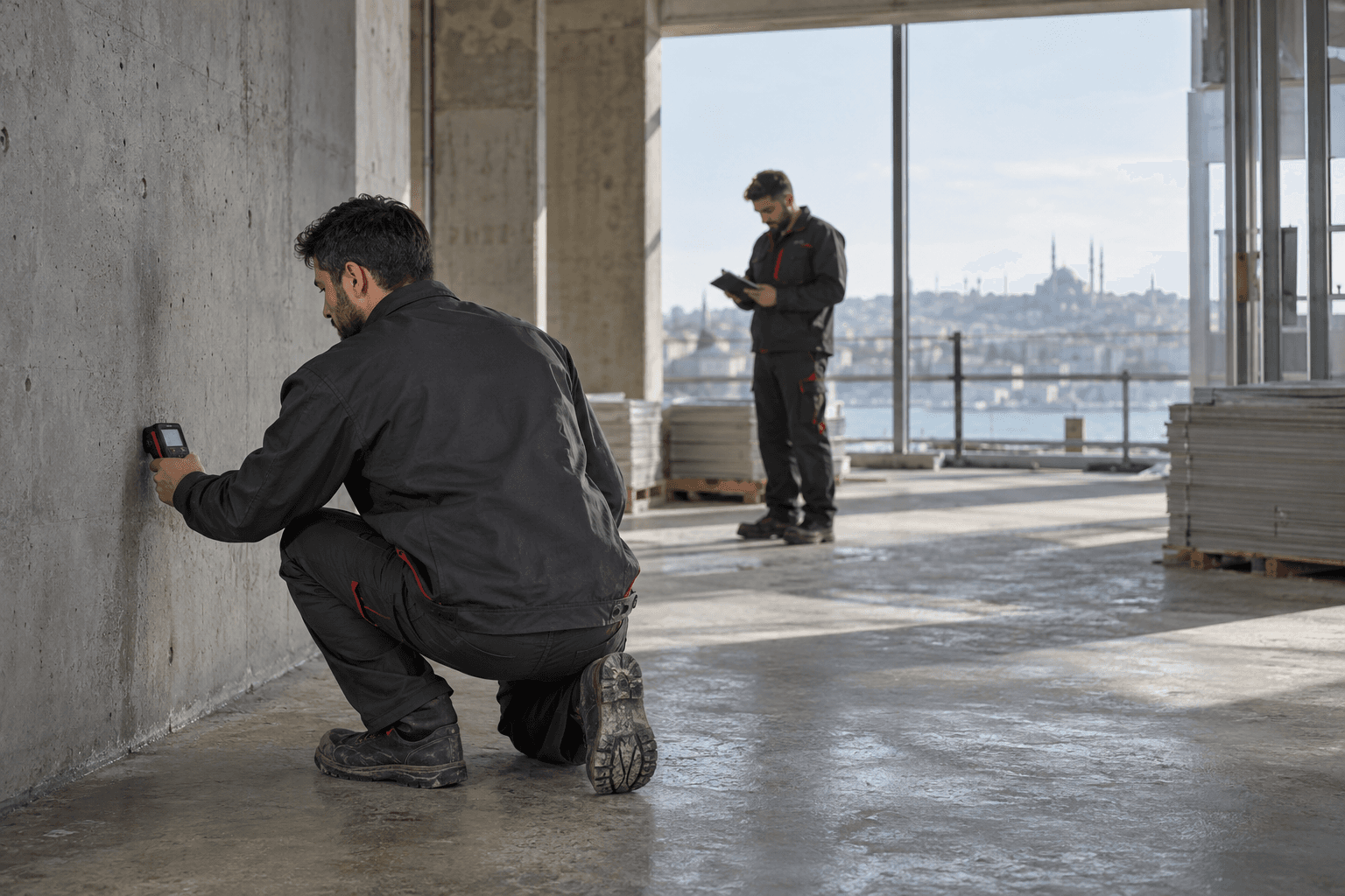 Yapı alanında nem ölçümü yaparak uygulama koşullarını inceleyen teknik ekip temsili